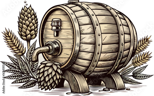 Vintage beer barrel with hops and wheat isolated on white background in a rustic engraving style illustration
