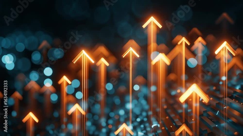 Digital glowing arrows pointing upward in a futuristic data environment, symbolizing business growth, success, and progress in modern technology and financial analytics.