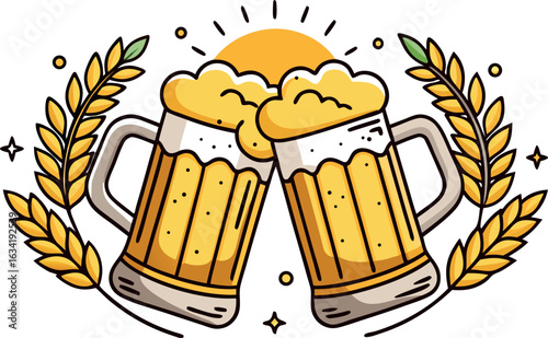 Two beer mugs toasting with wheat and sun isolated on white background in cartoon style