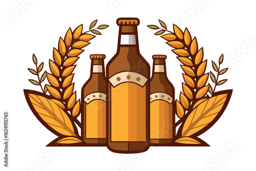 Three beer bottles with wheat isolated on white background in cartoon style, perfect for brewery design