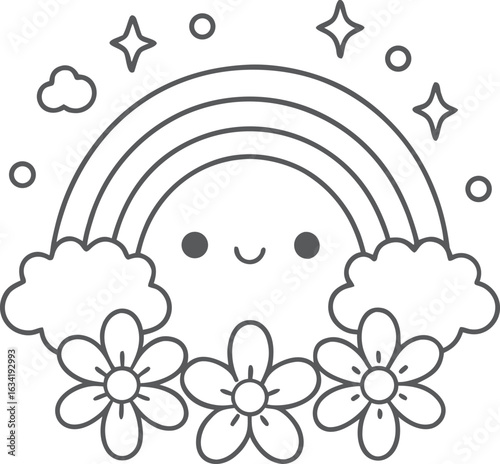 Cute kawaii rainbow coloring page for kids, black and white vector illustration of smiling rainbow, cartoon-style line art, fun printable worksheet for children’s creative coloring activities