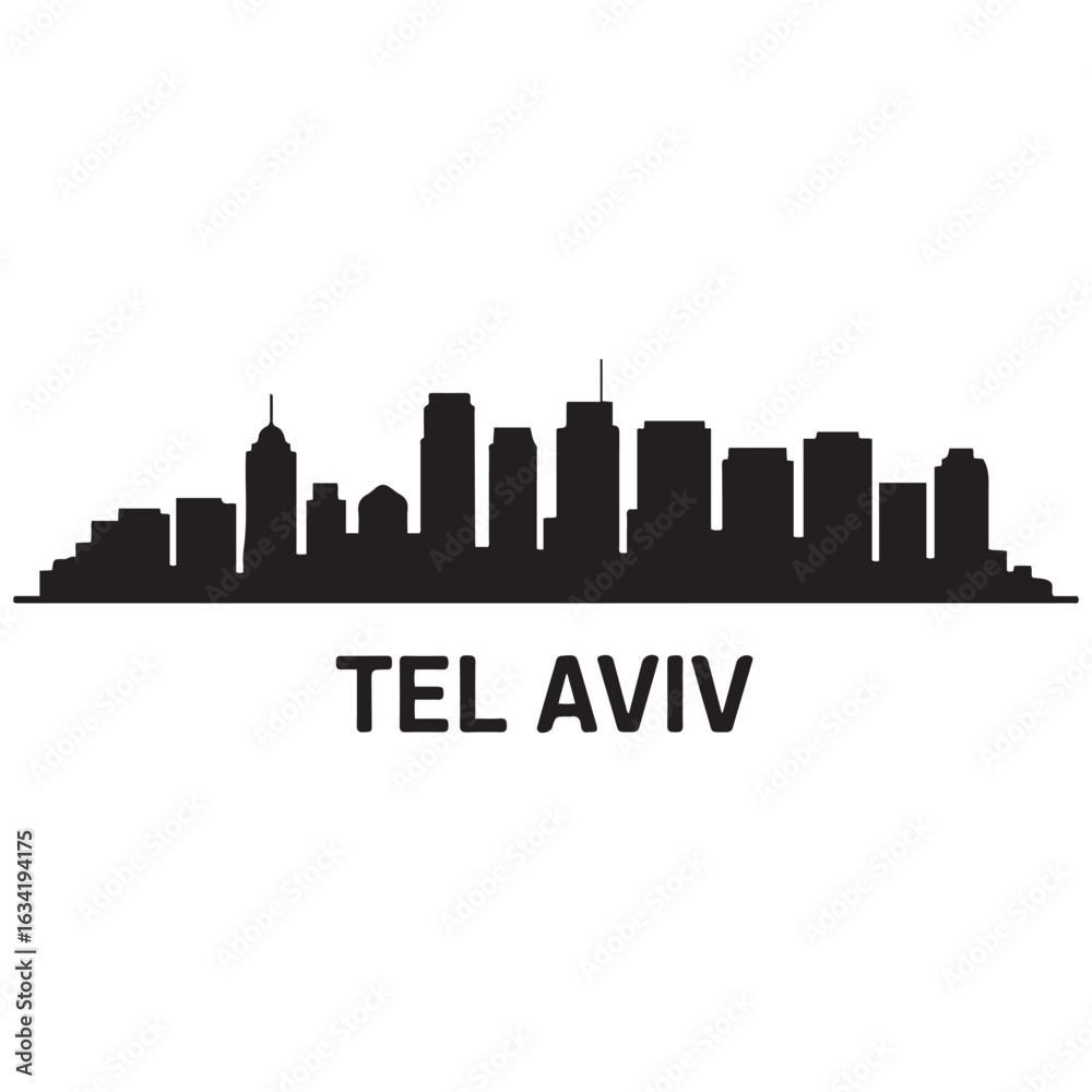 Fototapeta premium Panoramic View of Downtown Tel Aviv Skyline. Tel Aviv city black silhouette skyscrapers and buildings. Long cityscape. Vector black silhouette. with white background