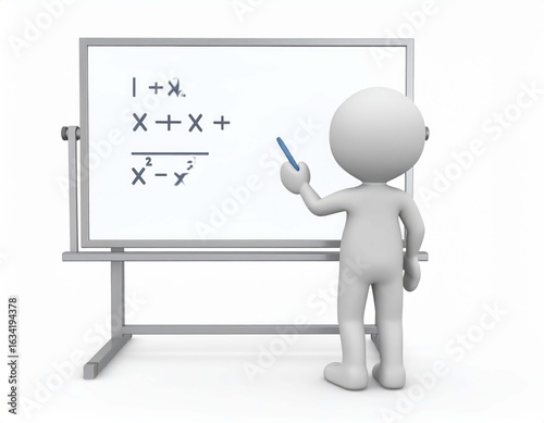 Stick figure explaining mathematical equation on white board during daytime