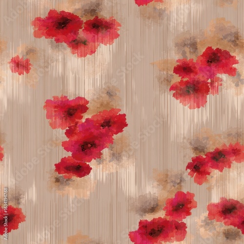 Seamless Floral Watercolor Pattern with Red Roses on Beige Background.