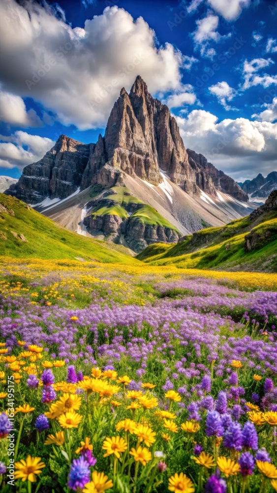 Fototapeta premium A high-altitude alpine field covered in vibrant purple and yellow wildflowers, with dramatic rocky peaks in the background