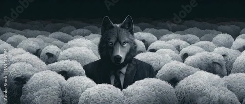 The concept of the corporate world with a wolf in a suit amid sheep