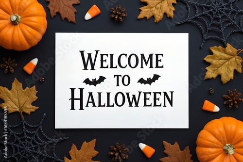 Halloween card with the words (Welcome to Halloween) in the center, white background for Halloween sending.