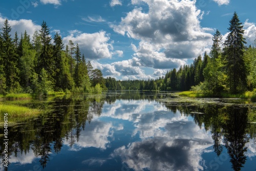 Serene Finnish Lake, Summer Reflections of Sky and Clouds in Lush Green Forest.