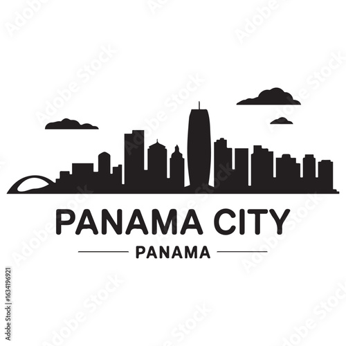 Panama City skyline horizontal banner. Panama City, Panama. Vector template for your design. Vector black silhouette. with white background.
