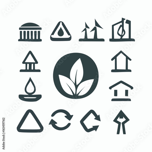 A conceptual collection of flat design icons for sustainability, green business, ecology, and environmental conservation.