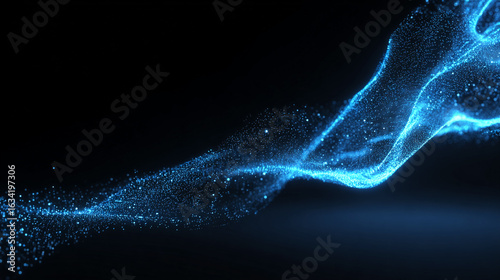 Abstract blue digital particles wave on a black background, a technology and science concept