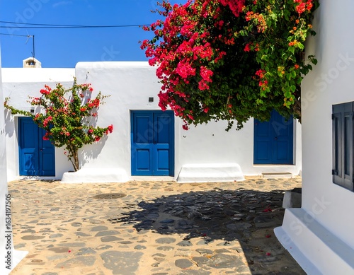 Fototapeta Naklejka Na Ścianę i Meble -  Whitewashed Aegean alleyway, vibrant bougainvillea