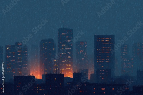 Somber dystopian gotham city at night. city at night. illustration. Dystopian. Illustration.
