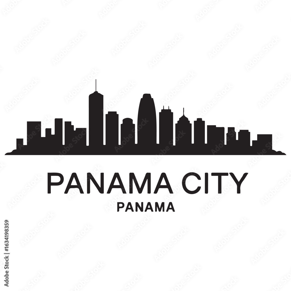 Fototapeta premium Panama City skyline horizontal banner. Panama City, Panama. Vector template for your design. Vector black silhouette. with white background.