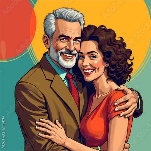 Joyful Intergenerational Couple Embracing in Vibrant Illustration