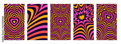 Vector set of hypnotic heart shape tunnels. Groovy style concentric hearts. Bright vintage love wallpapers. Mobile screen size vertical psychedelic 70s banners. Cute retro abstract y2k backgrounds