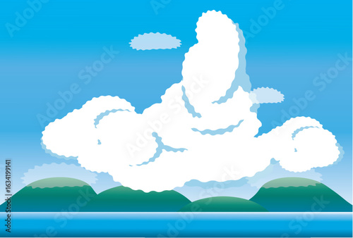 海と山を入道雲のイラスト