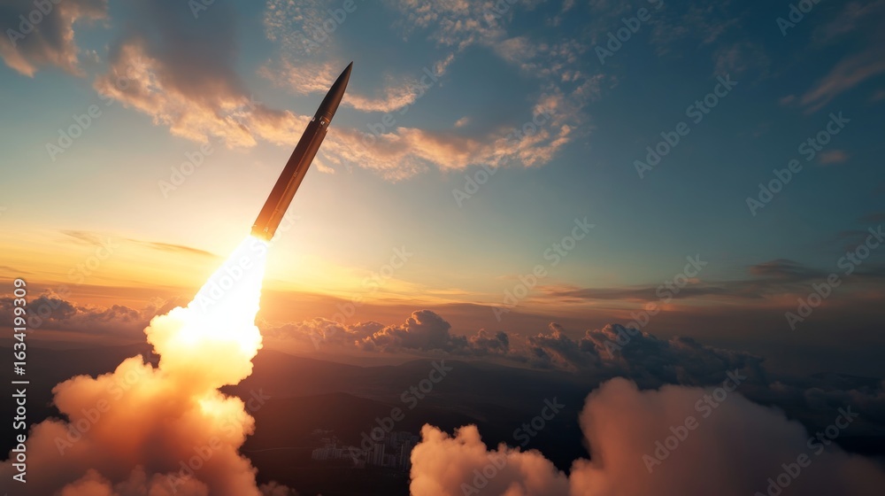 Fototapeta premium military defense system launching surface-to-air missile, clouds in the sky, high-speed capture of missile in motion