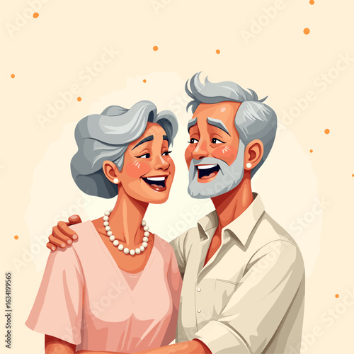 Joyful Elderly Couple Embracing and Laughing, Celebrating Love and Happiness in Cartoon Style