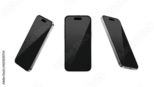 Three modern smartphones with silver frames and black screens in different angles mobile phone isolated on a transparent background