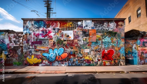 a vibrant urban wall covered with a collage of posters stickers and graffiti the mix of colors and textures creates a chaotic yet artistic atmosphere showcasing various styles