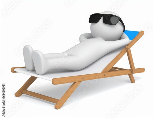 Relaxing white 3d human figure lounges on a beach chair wearing sunglasses