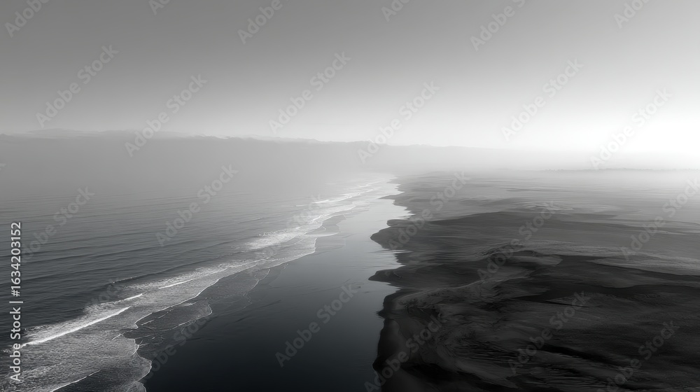 Fototapeta premium Coastal Serenity: An aerial view of a serene coastline in grayscale, where the ocean waves gently meet the shore, evoking feelings of peace and solitude.