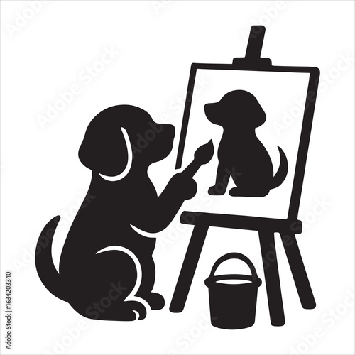 Whimsical Depiction of a Dog Painting a Portrait of Itself on an Easel With Paint Bucket