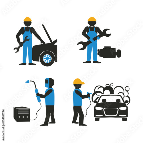Flat vector of a mechanic repairing a car, Car Maintenance & Auto Repair illustration