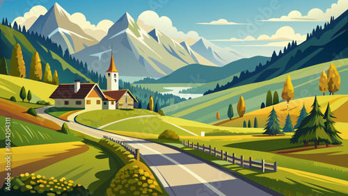 Countryside road stretching along alpine meadows in Stillachtal