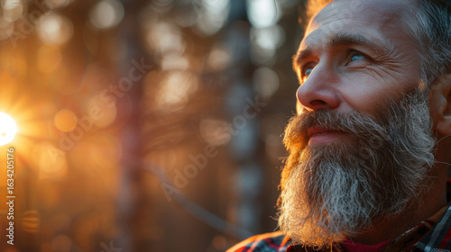Man with a beard basking in the glow of the setting sun. He looks up to the sky in thoughtful silence.