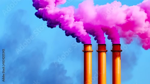colorful smoke emissions from industrial chimneys against a blue sky