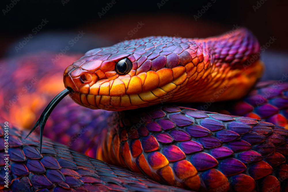 Fototapeta premium Close-up of a vibrant, colorful snake with detailed scales and a lively expression