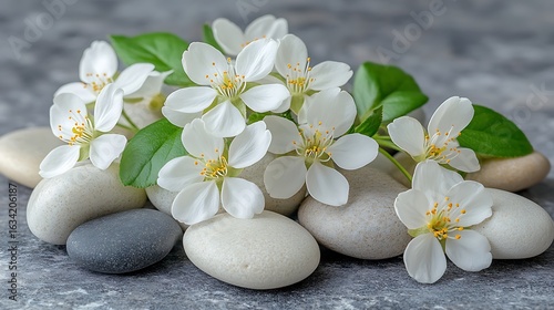 Delicate white blossoms and smooth stones.