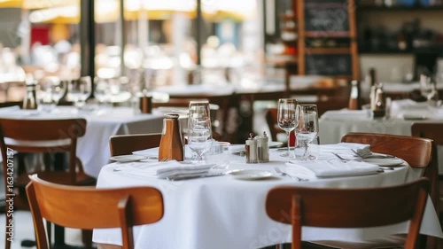Empty restaurant tables set for a meal