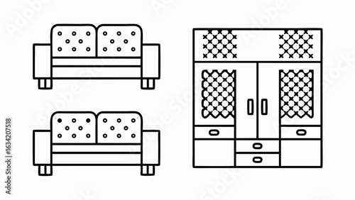 Illustration of two sofas with buttoned cushions and a wardrobe with patterned glass doors and drawers silhouette
