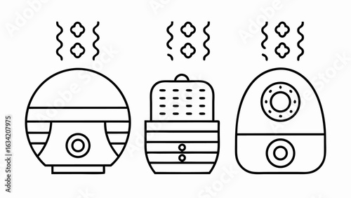 Illustration of three different essential oil diffusers with steam coming out in black and white line art silhouette
