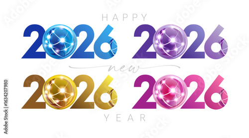Set of new year 2026 symbols with cute shiny ball. Blue, purple, golden and violet colors. Digital style. Isolated 3D design. Happy New Year congrats. Blogging concept.