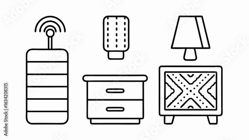 Illustration showing a smart speaker, bedside table, lamp, and small dresser in black outline silhouette