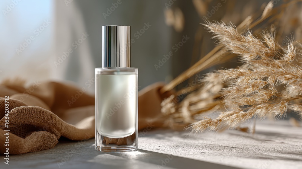 Fototapeta premium Elegance in Scent: A minimalistic perfume bottle radiates refined aesthetics, presented gracefully on a textured surface, the subtle interplay of light, shadow.