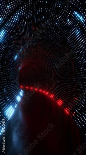 Futuristic digital tunnel filled with glowing binary code in red and blue, representing data transfer, cybersecurity, and virtual reality in a high-tech environment.