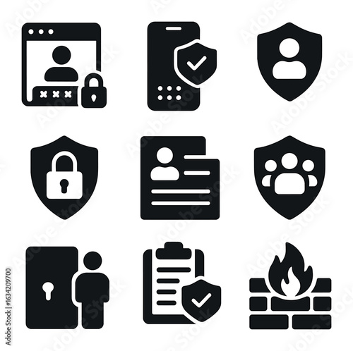 Security Feature Icons. Solid, filled icons set of security features: secure login, two-factor authentication,