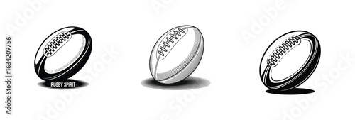 A detailed vector illustration of a classic rugby ball, possibly on a sports field. Features include realistic stitching and texture, suitable for sports branding and design.