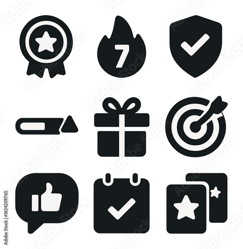 Motivational Icons Grid. Solid, filled icons set of motivational and reward elements: achievement badges,