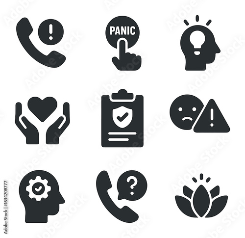 Crisis Management Icons. Solid, filled icons set of crisis management: emergency contacts, panic button,