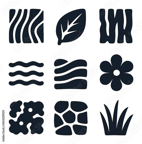 Organic Texture Icons. Solid, filled icons set of organic textures and patterns: wood grain, leaf veins, bark