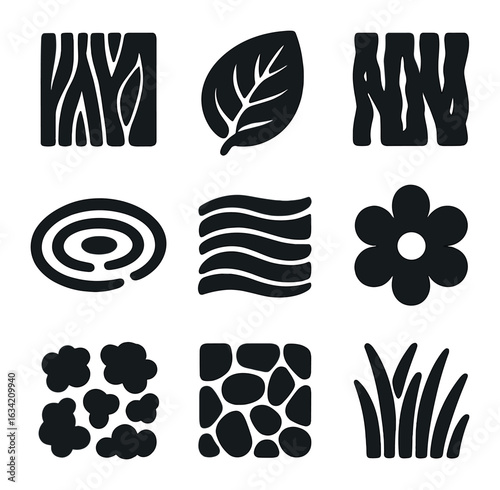 Organic Texture Icons. Solid, filled icons set of organic textures and patterns: wood grain, leaf veins, bark