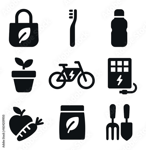 Sustainable Lifestyle Icons. Solid, filled icons set of sustainable lifestyle icons: reusable bag, bamboo