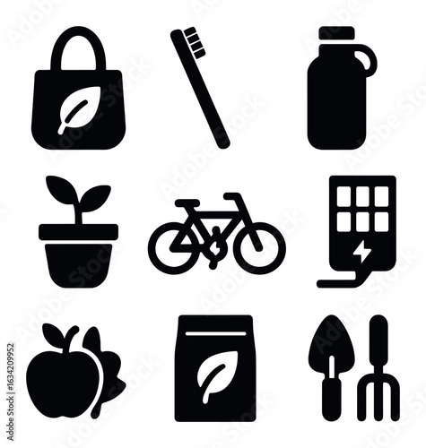 Sustainable Lifestyle Icons. Solid, filled icons set of sustainable lifestyle icons: reusable bag, bamboo