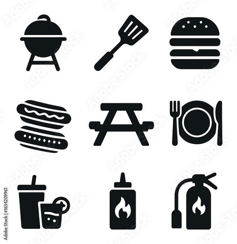 Family Barbecue Icons. Solid, filled icons set of families having outdoor barbecue: grill, spatula, burgers,